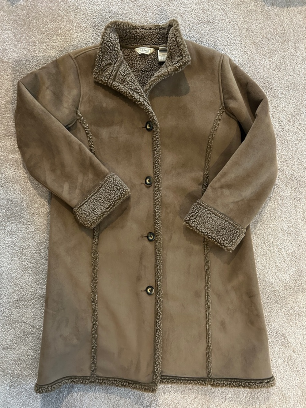 LL Bean Women's Coat Faux Suede Sherling Sherpa Lined Jacket Brown Medium